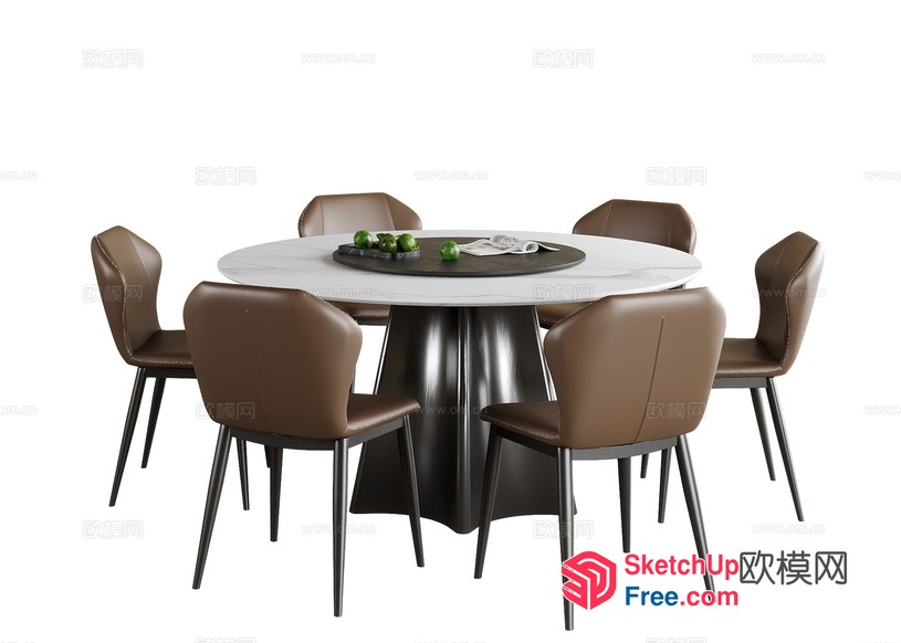 Round Dining Table With Brown Leather Chairs 3D SketchUp File