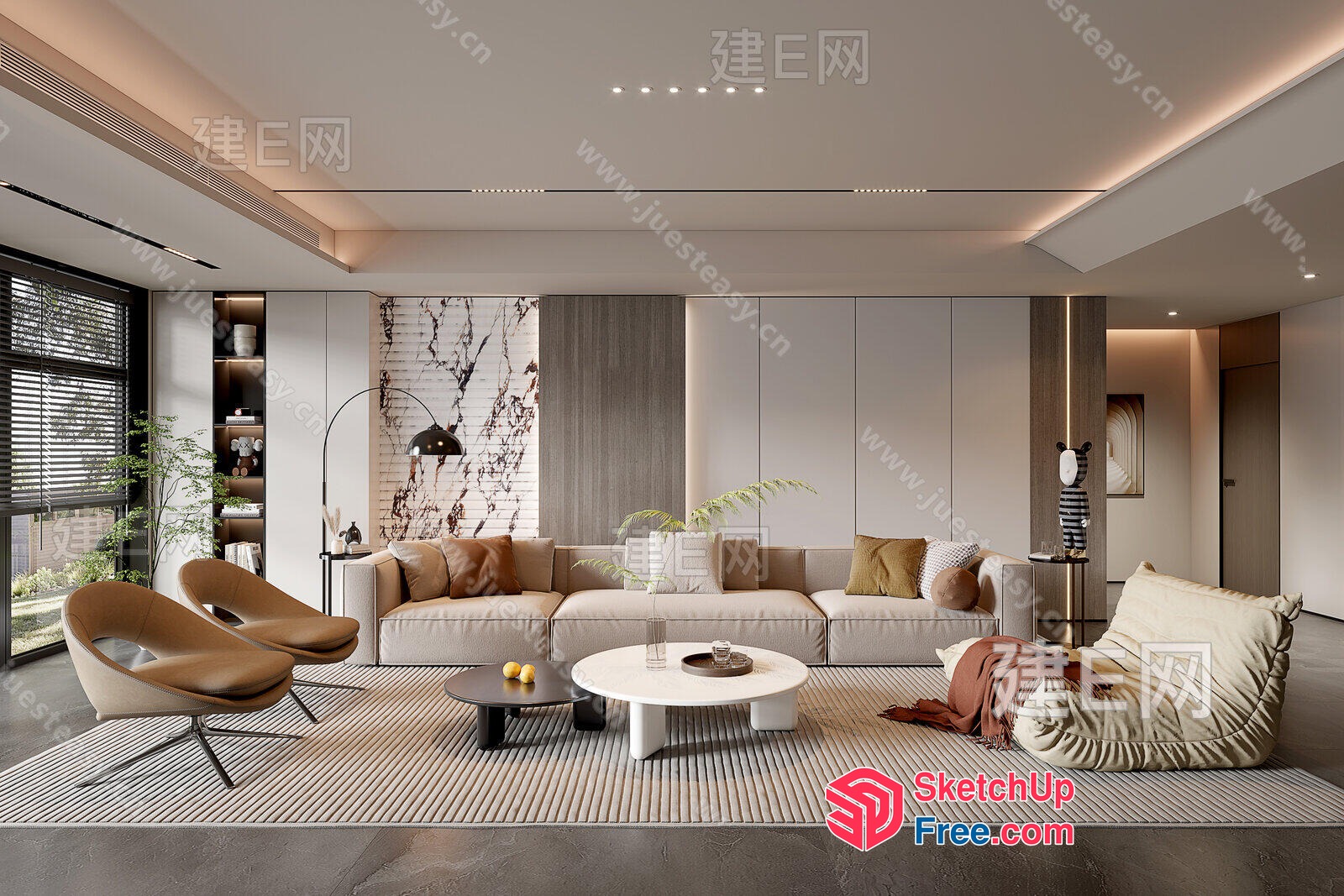 Modern Living Room With White And Brown Furniture 3D SketchUp File