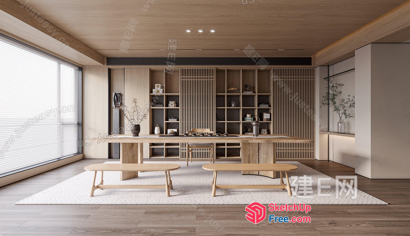 Modern Minimalist Japanese-Style Living Room With Natural Wood Accents 3D SketchUp File