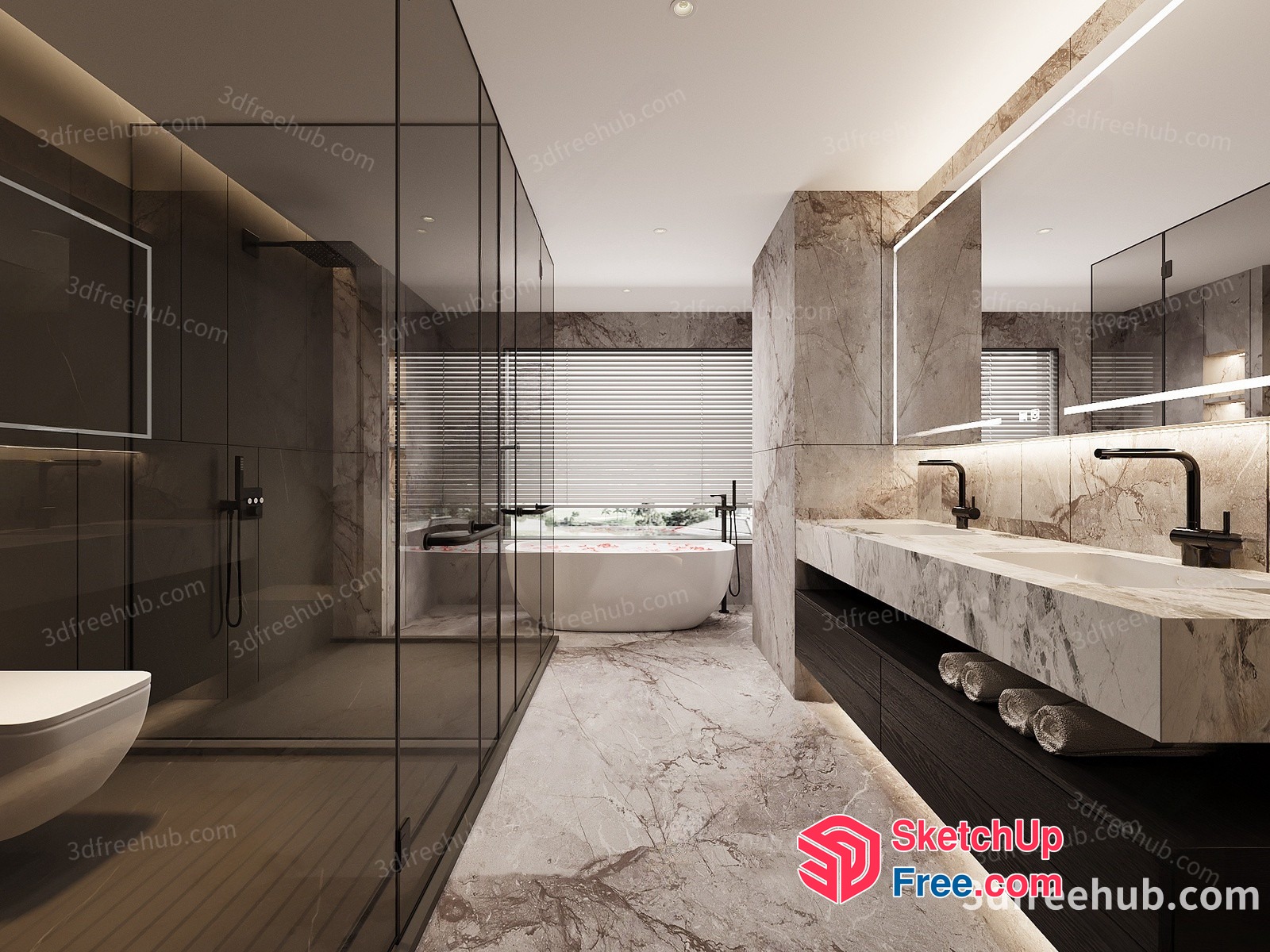 Modern Bathroom Interior With Marble And Glass Shower 3D SketchUp File