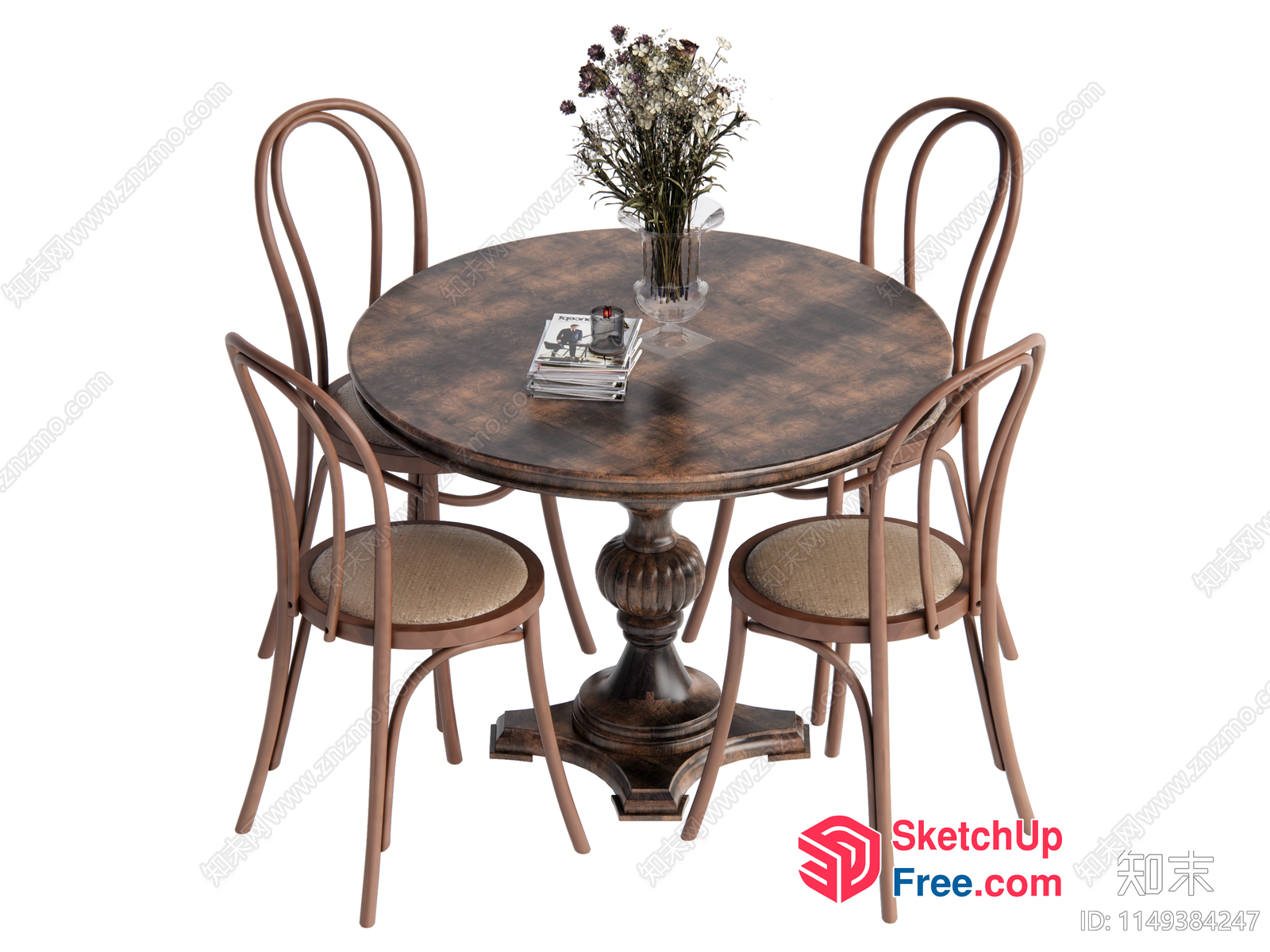 Elegant Round Table And Chairs With A Vase Of Flowers 3D SketchUp File