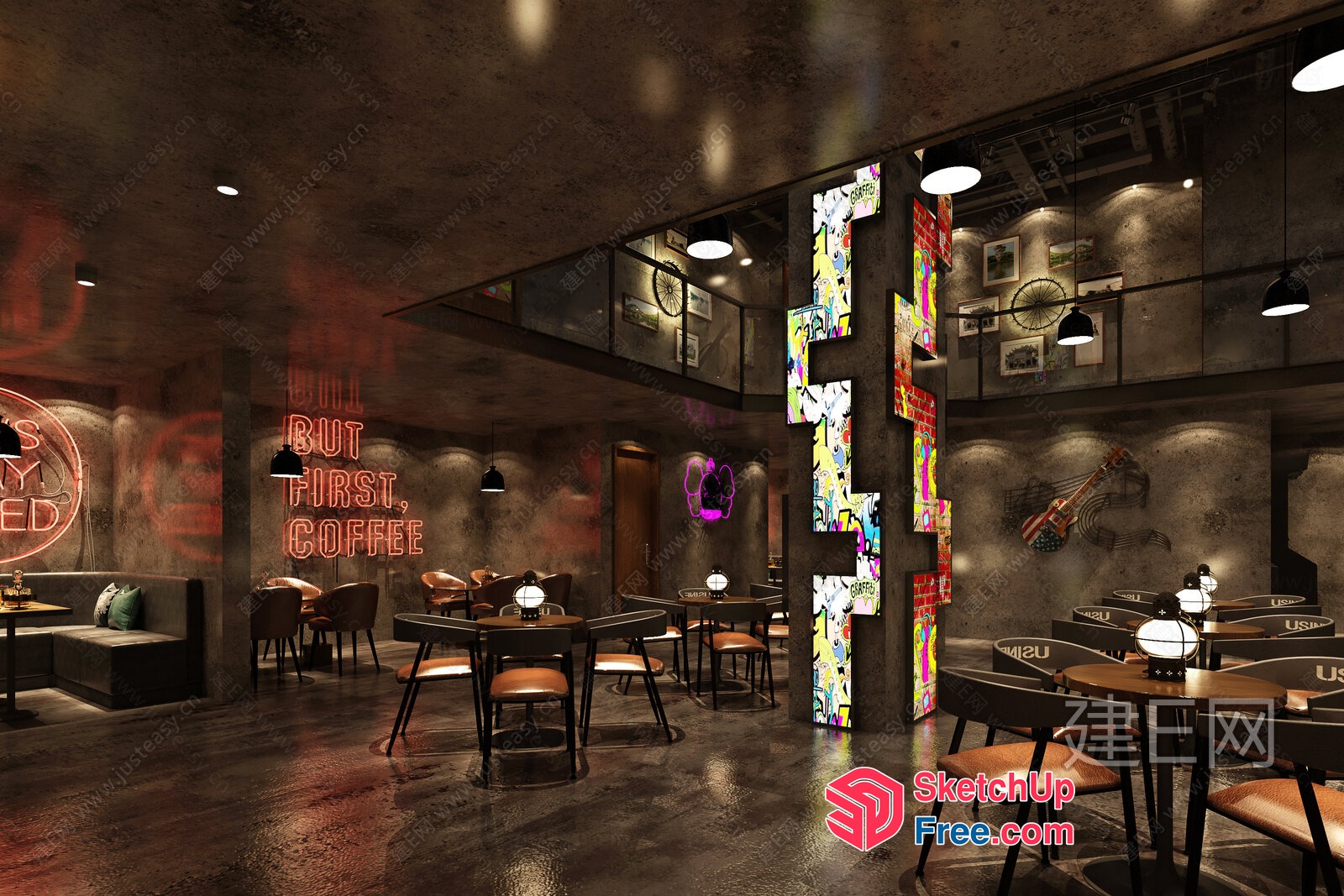 Modern Industrial Style Cafe With Vibrant Neon Sign 3D SketchUp File