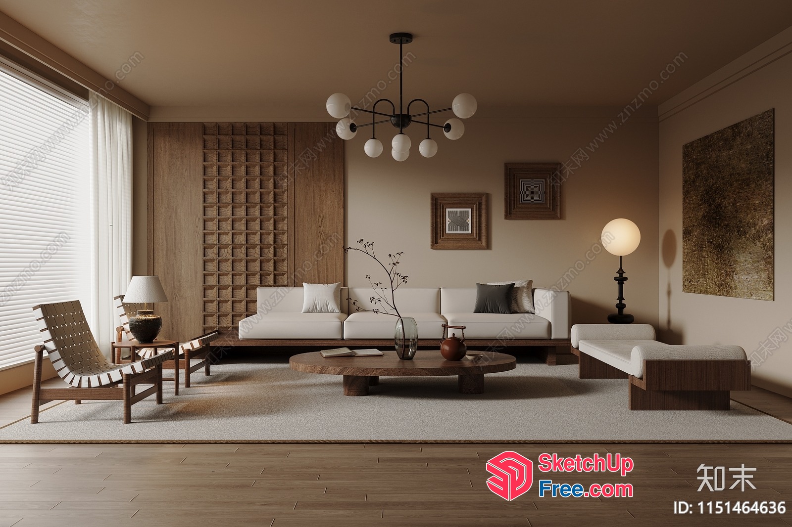 Minimalist Japanese Style Living Room With Creamy Color Scheme 3D SketchUp File
