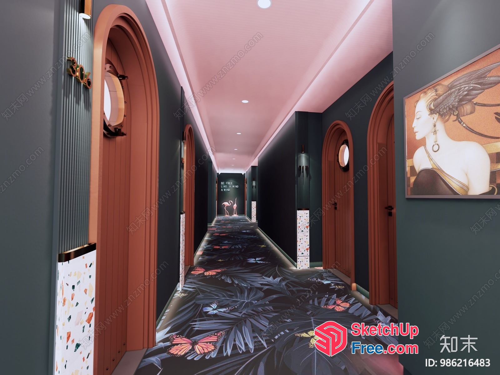 Luxurious Hallway With Elegant Doors And Vibrant Carpet 3D SketchUp File
