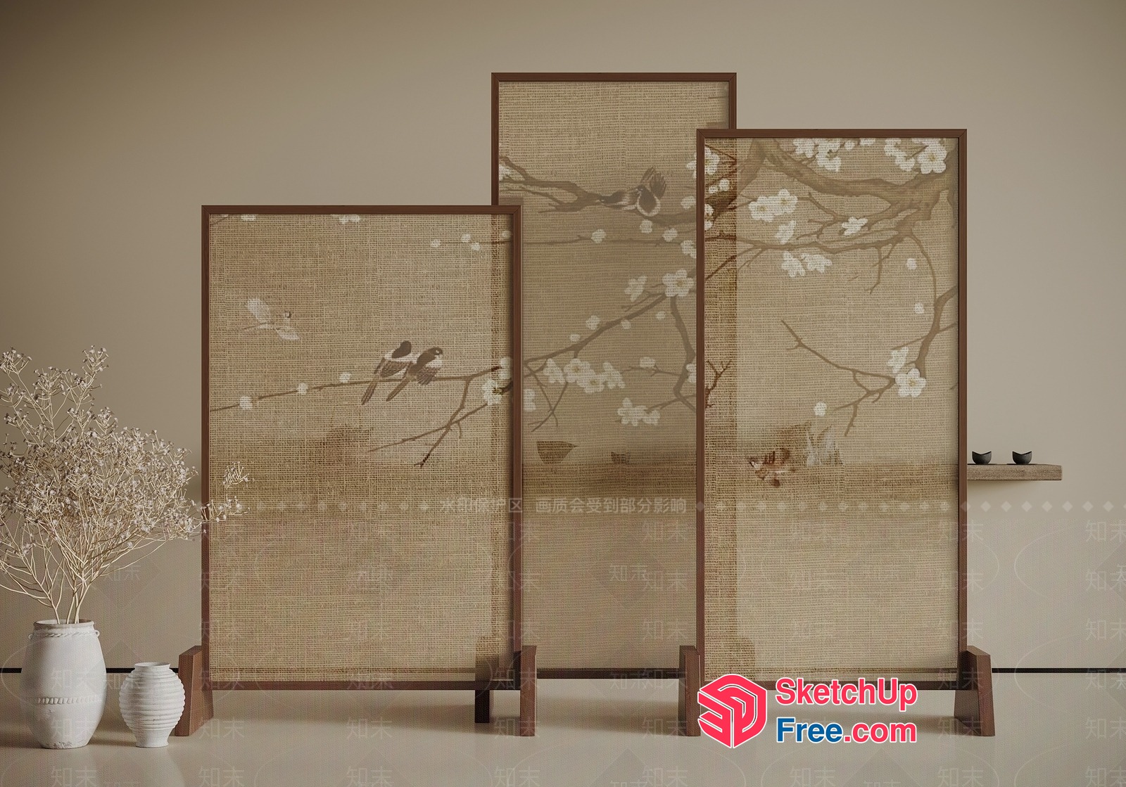 Elegant Japanese-Style Room Divider With Cherry Blossom And Bird Motifs 3D SketchUp File