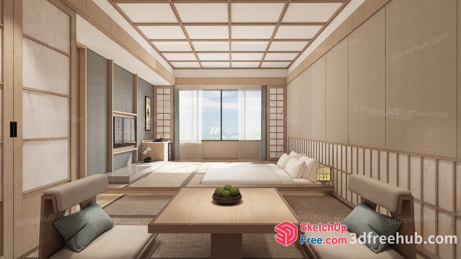 Elegant Japanese-Style Living Room With Natural Light 3D SketchUp File