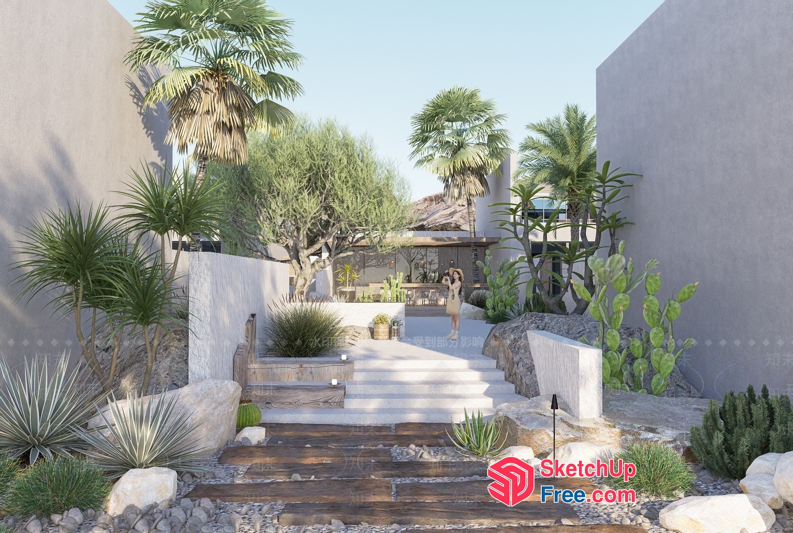 Modern Desert Landscape With Stairs And Potted Plants 3D SketchUp File