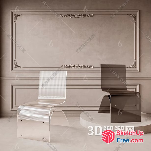 Two Transparent Chairs In A Classic Moulding Room 3D SketchUp File