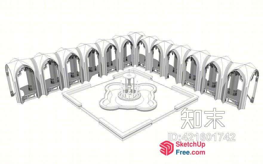 Ancient Chinese Courtyard With Arched Windows And Fountain 3D SketchUp File