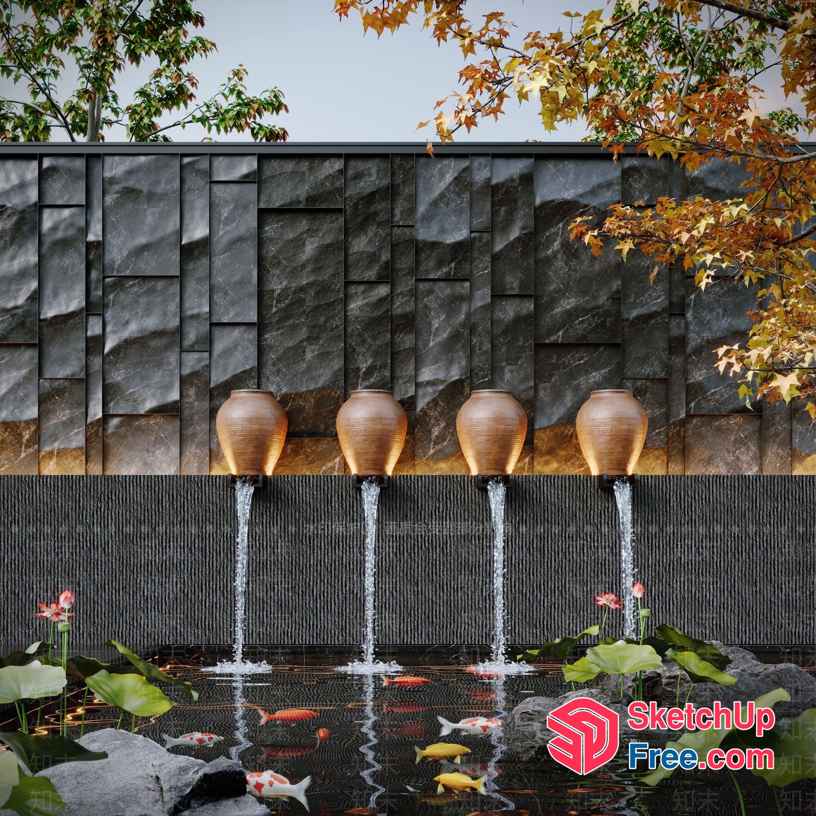 Serene Japanese-Style Waterfall And Koi Pond 3D SketchUp File