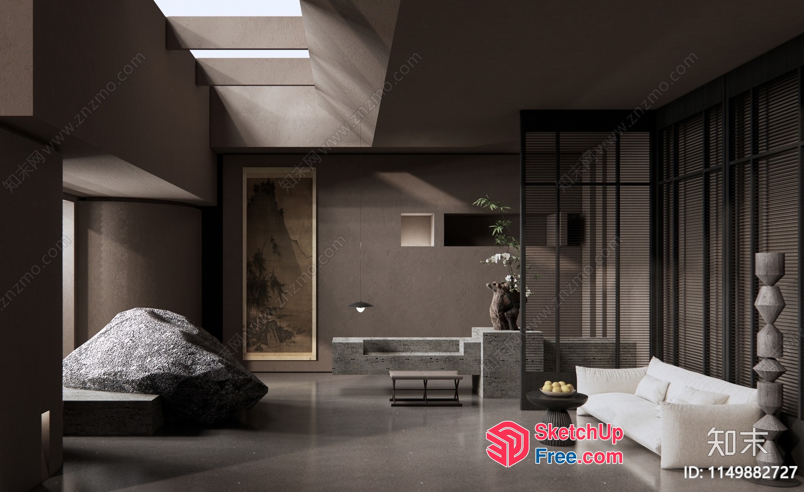 Modern Japanese-Inspired Living Room With Natural Stone Accent 3D SketchUp File