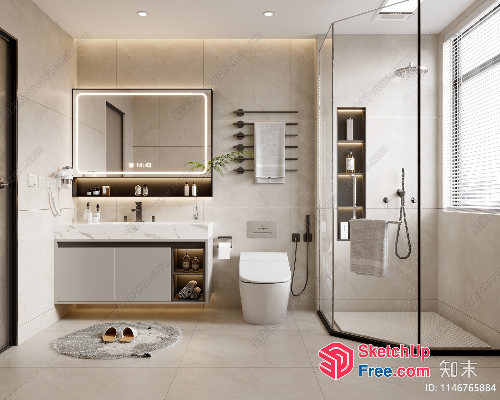 Modern Bathroom With Marble And Led Lighting 3D SketchUp File