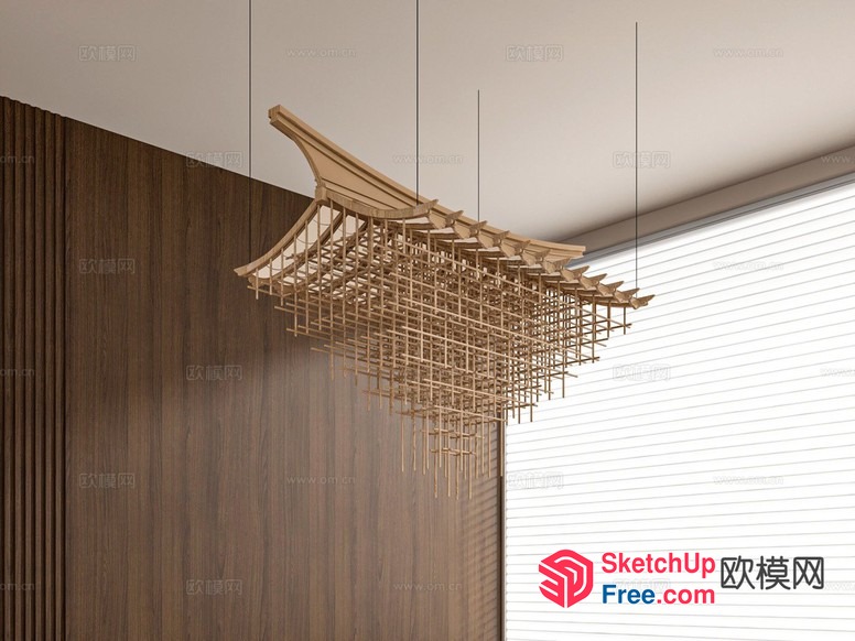 Suspended Wooden Structure With Ornate Roof And Railing Details 3D SketchUp File