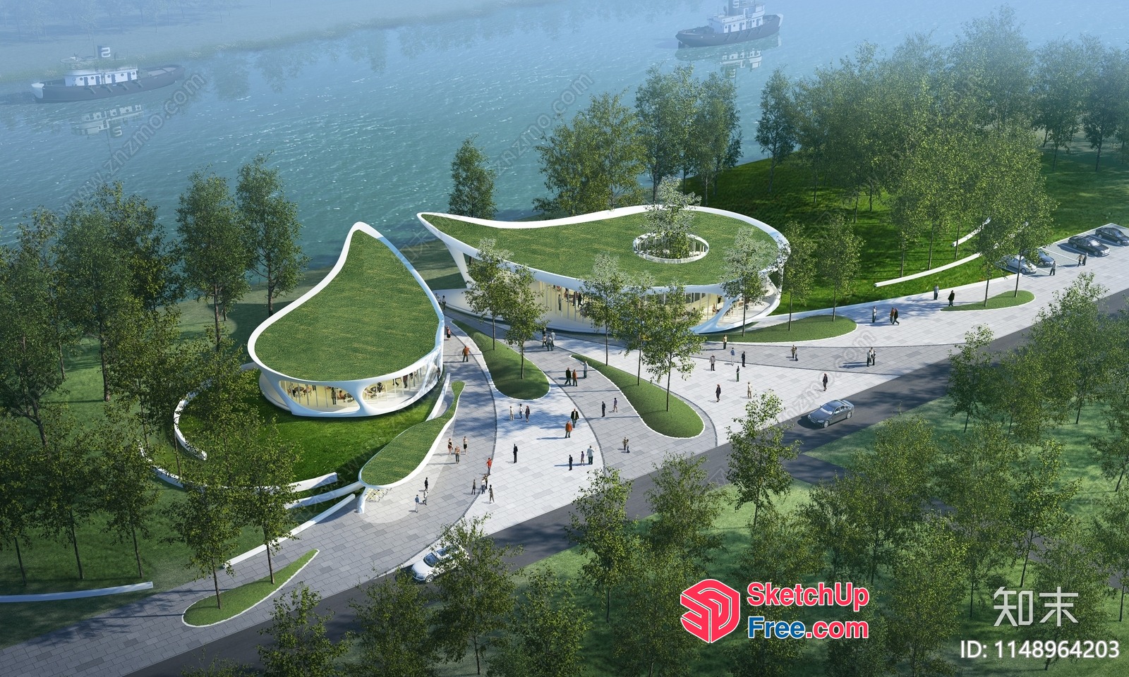 Modern Architecture With Green Roof And Waterfront 3D SketchUp File
