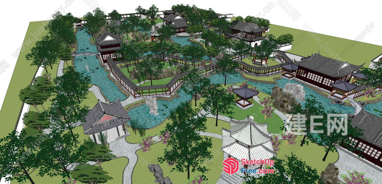 Asian-Inspired Resort With Traditional Architecture And Serene Water Features 3D SketchUp File
