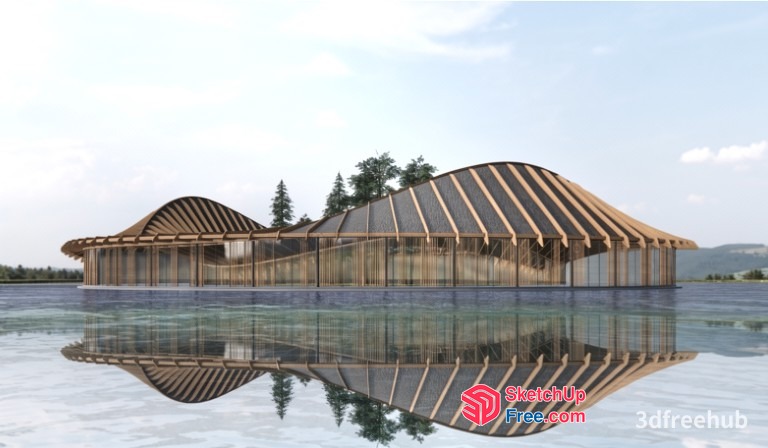Modern Wooden Building With Reflection In Water 3D SketchUp File