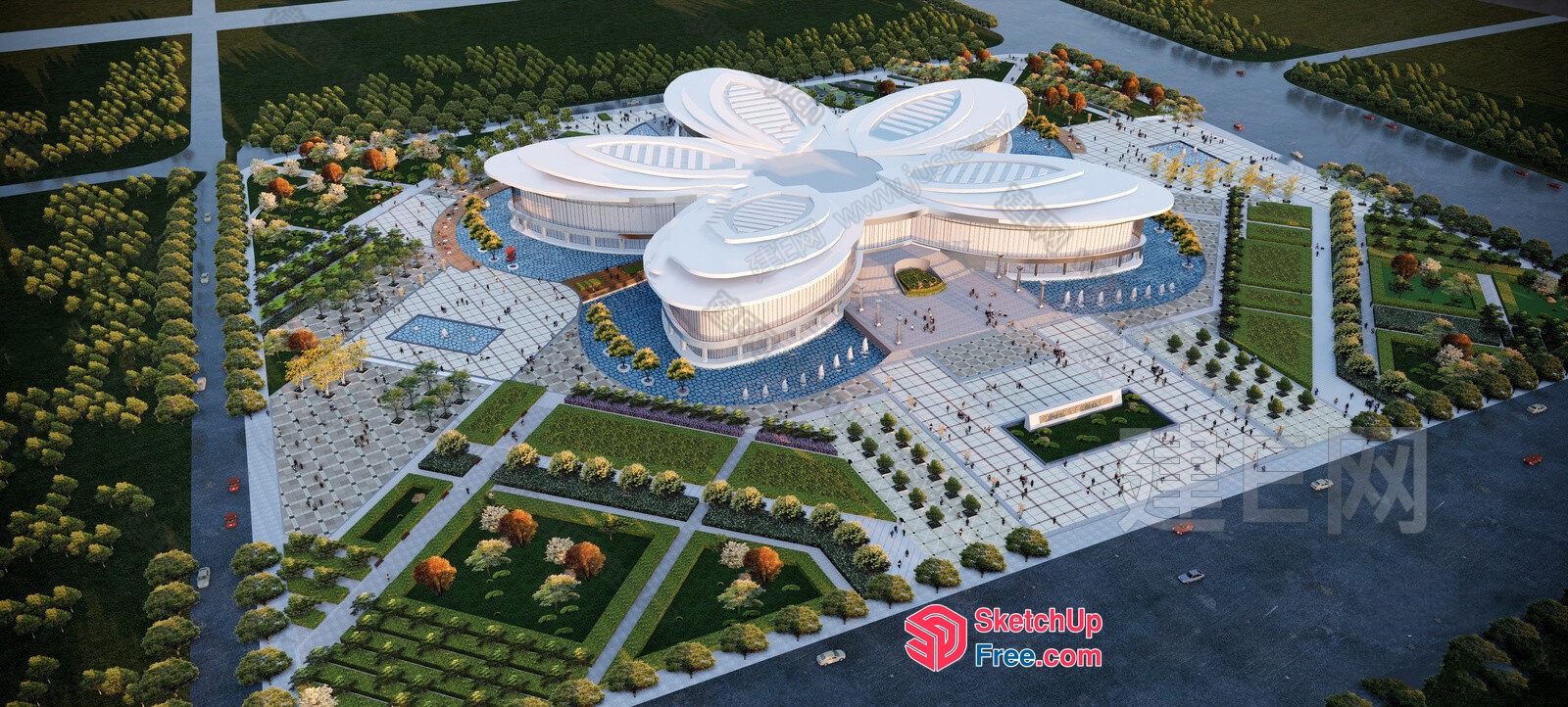 Modern Building With Large White Flower-Shaped Roof 3D SketchUp File