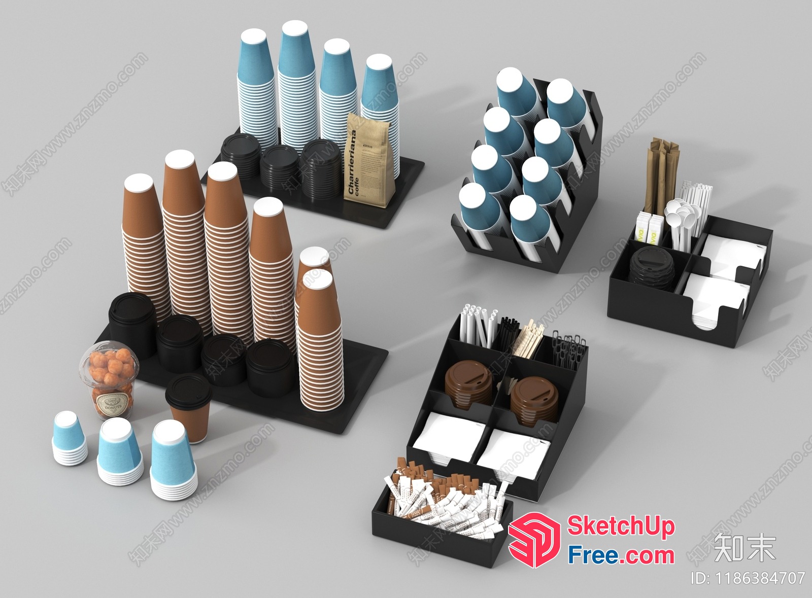 Coffee Cups And Utensils On Trays And In Boxes 3D SketchUp File