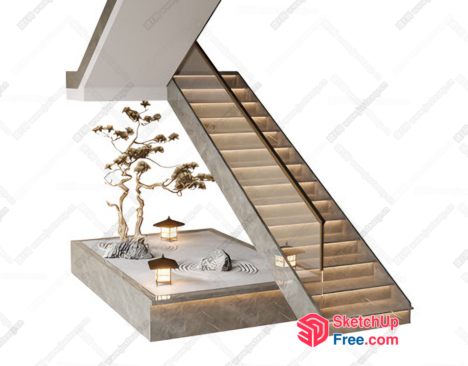 Japanese Inspired Minimalist Staircase With Zen Garden 3D SketchUp File
