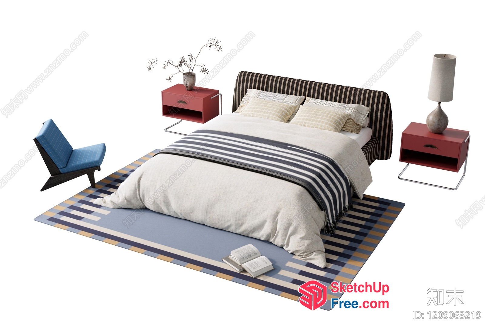 Modern Minimalist Bedroom Furniture With Striped Bed Head 3D SketchUp File