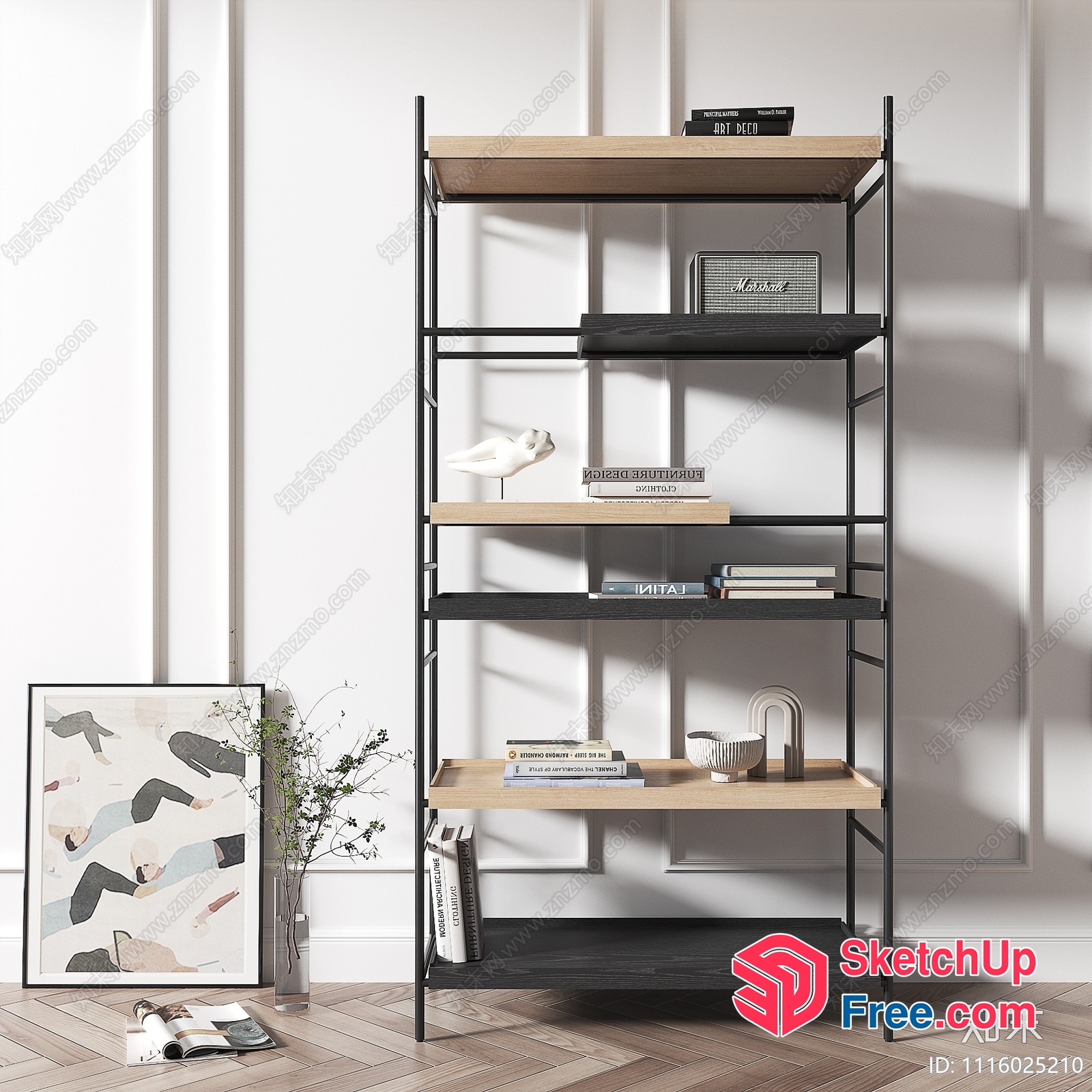 Elegant Modern Bookshelf With Decorative Shelves And Artwork 3D SketchUp File