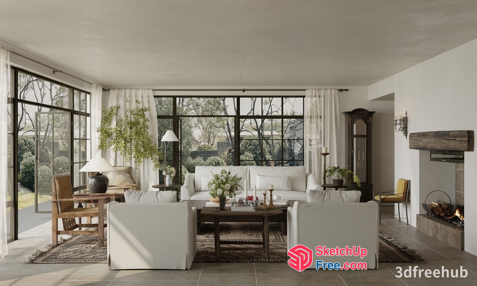 Cozy Modern Living Room With Fireplace And Large Windows 3D SketchUp File