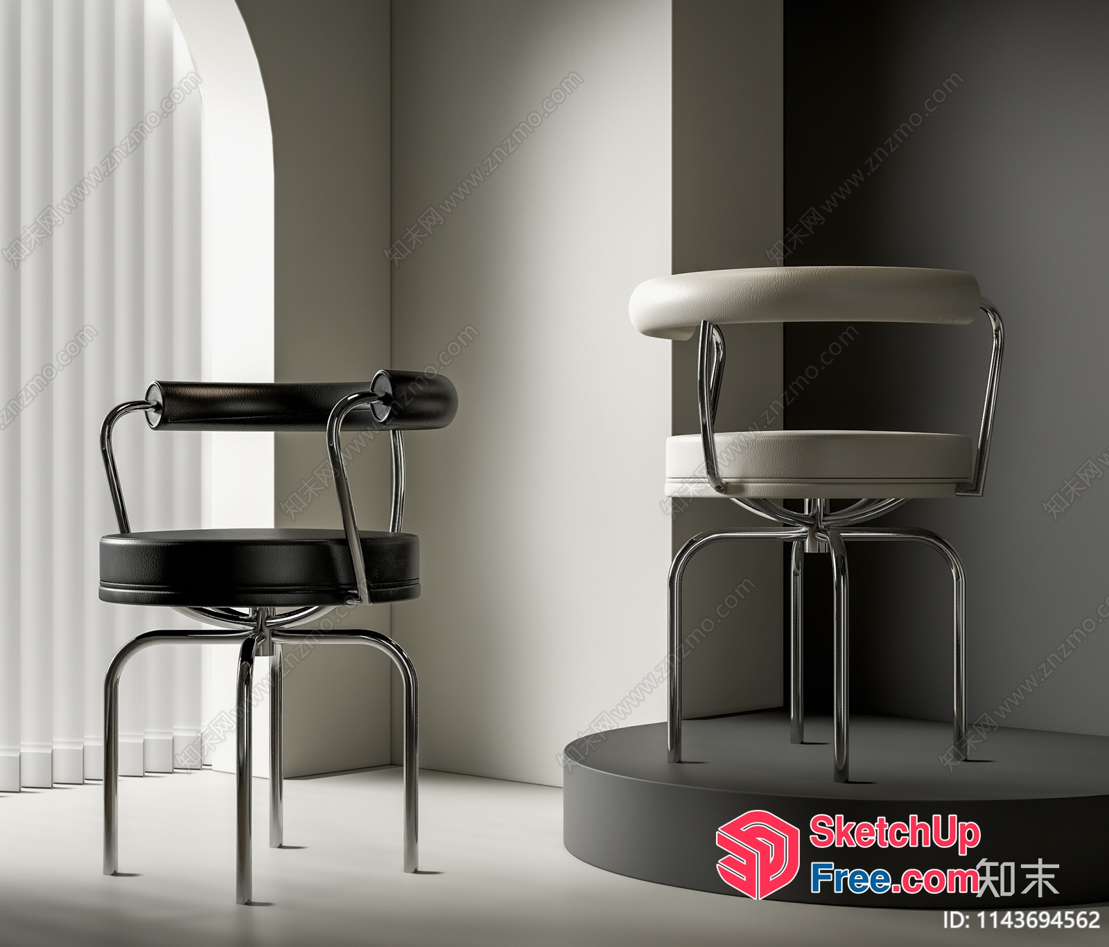 Modern Minimalist Chairs And Stool In A Neutral-Colored Room 3D SketchUp File
