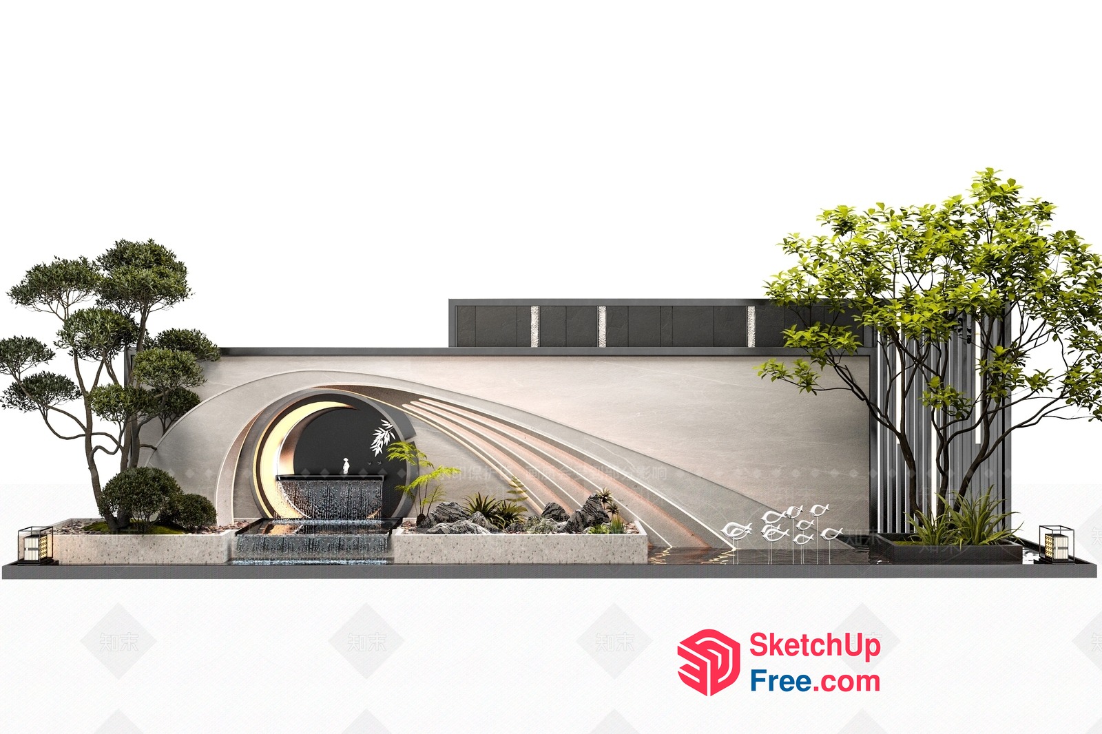 Modern Architecture With Water Feature And Greenery 3D SketchUp File