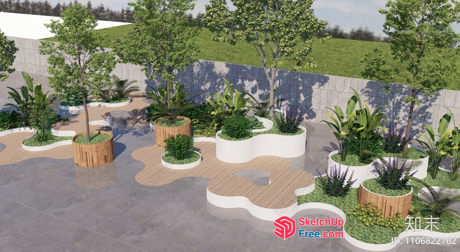 Modern Outdoor Garden Space With Potted Plants And Natural Elements 3D SketchUp File