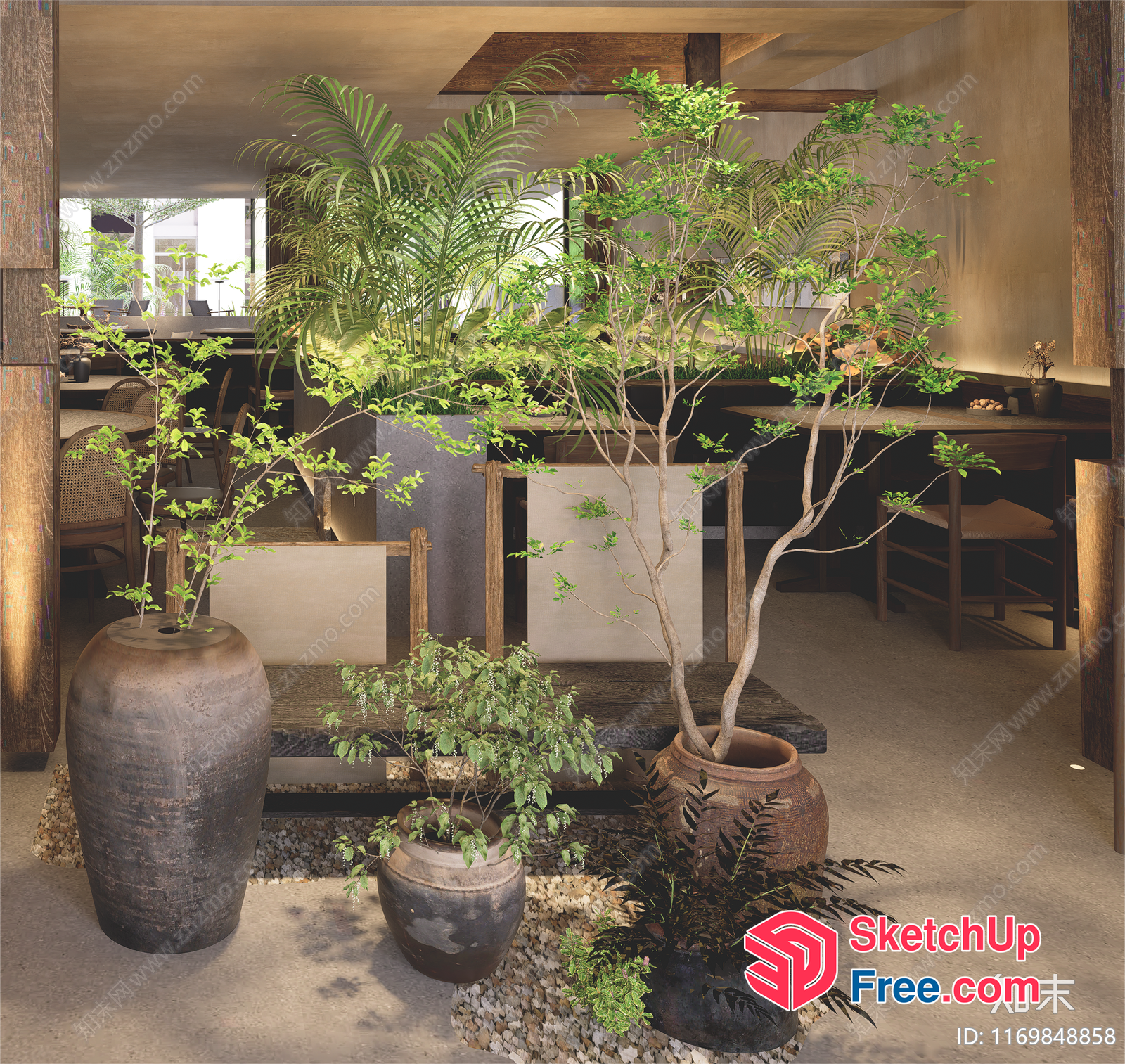 Modern Japanese Style Interior With Potted Plants 3D SketchUp File