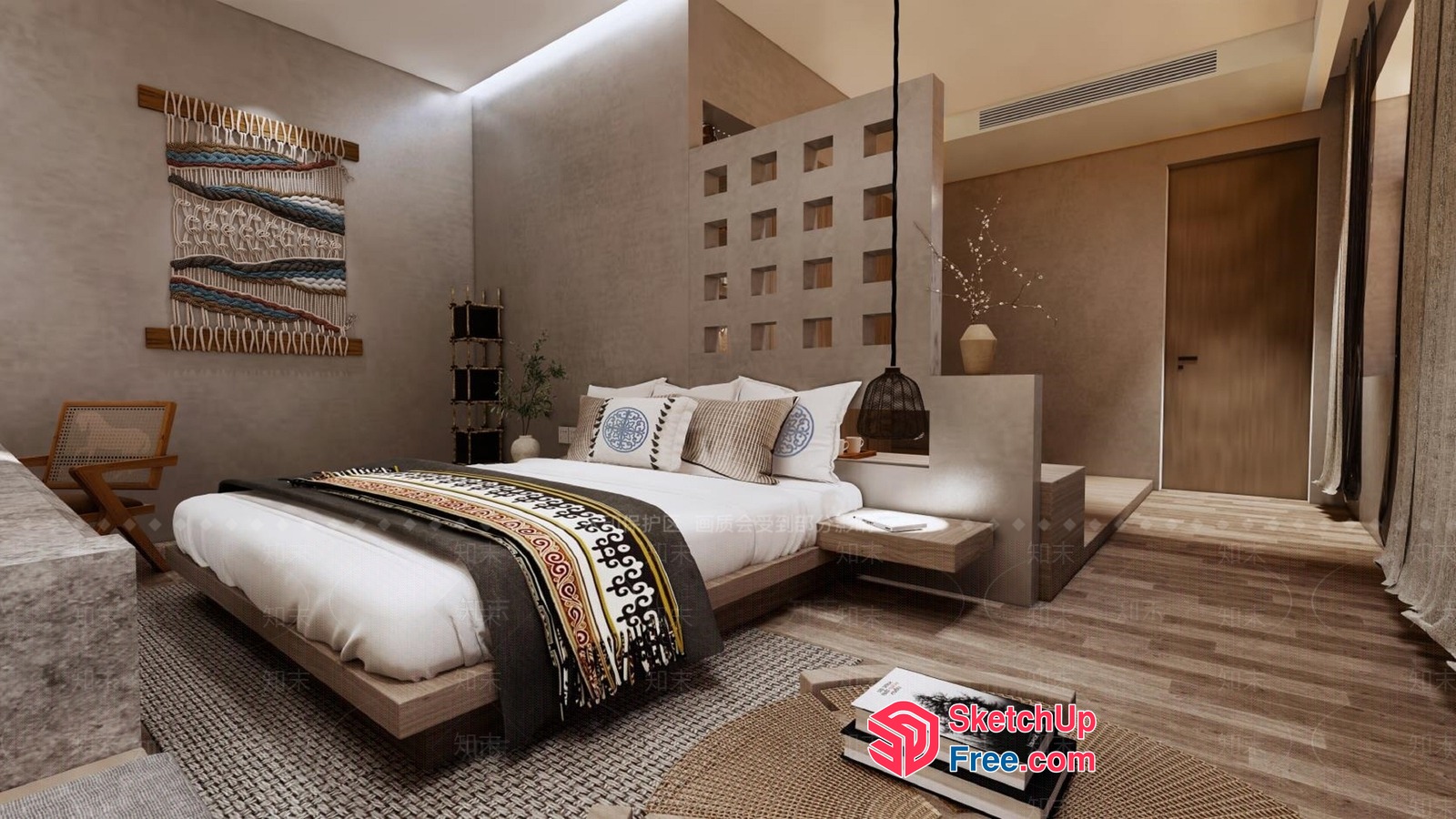 Modern Japanese Style Bedroom With Pillar And Bed Head 3D SketchUp File