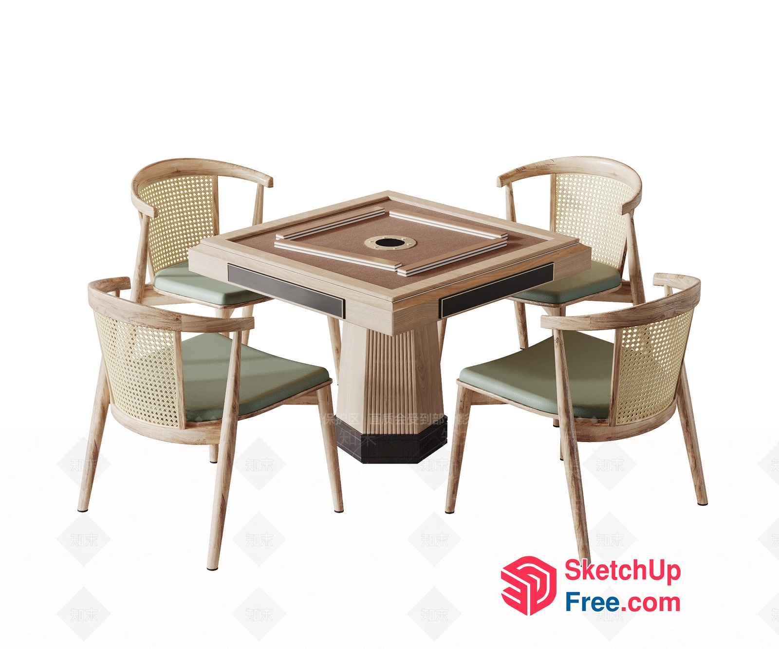 Elegant Wooden Table And Chair Set With Green Cushions 3D SketchUp File