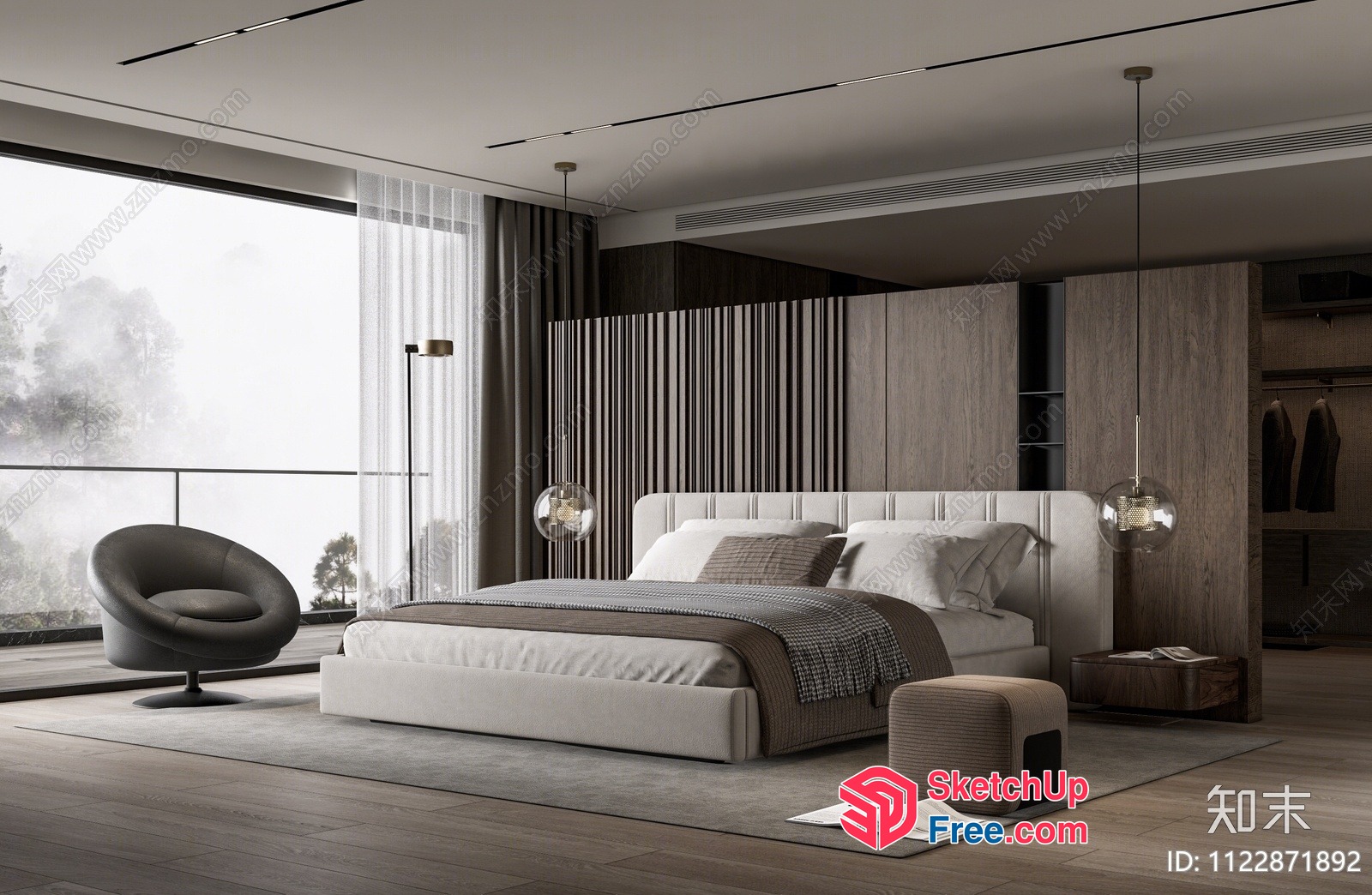 Modern Minimalist Bedroom With Large Window And Sleek Furniture 3D SketchUp File