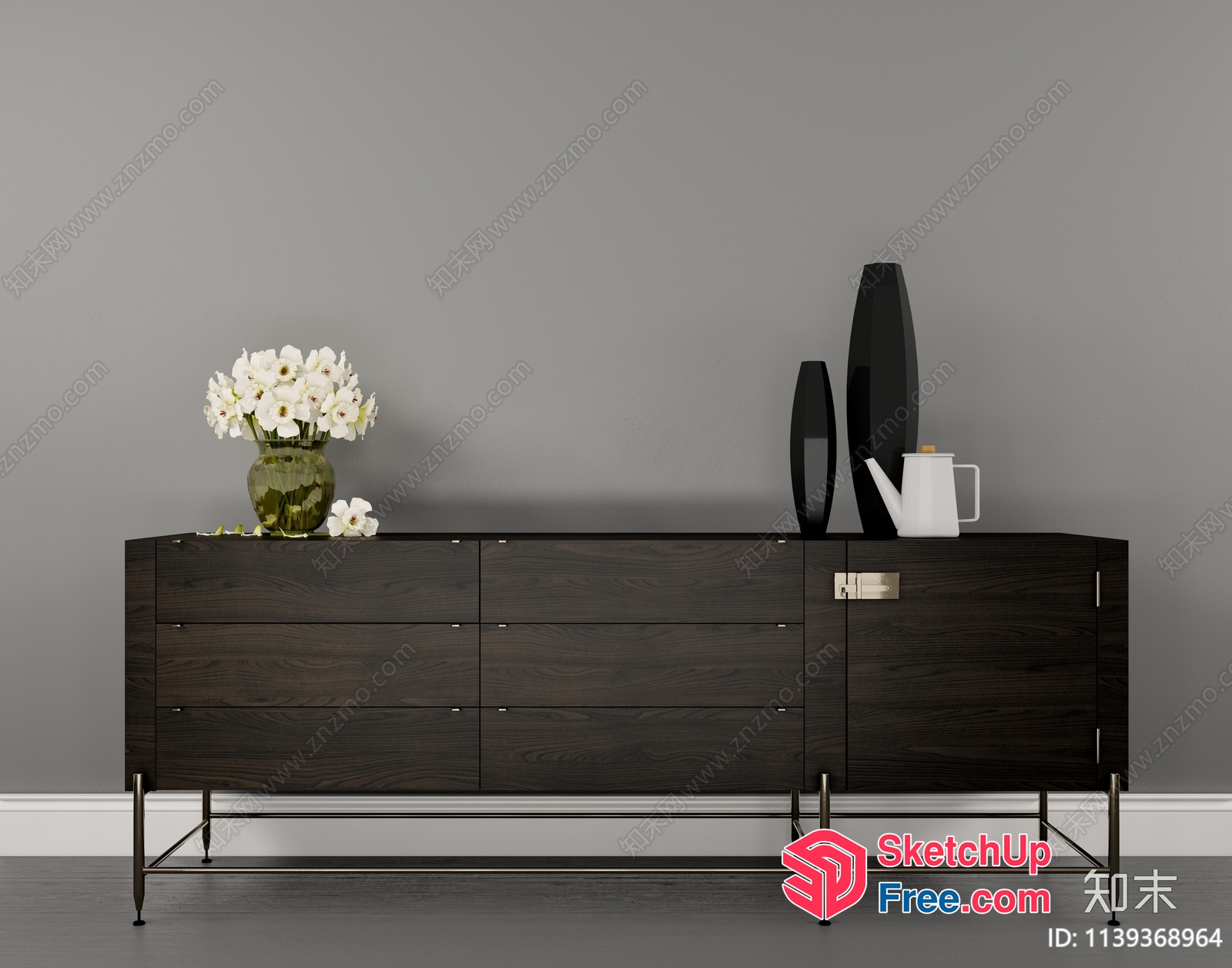 Modern Dark Wood Sideboard With Decorative Vases And Flowers 3D SketchUp File