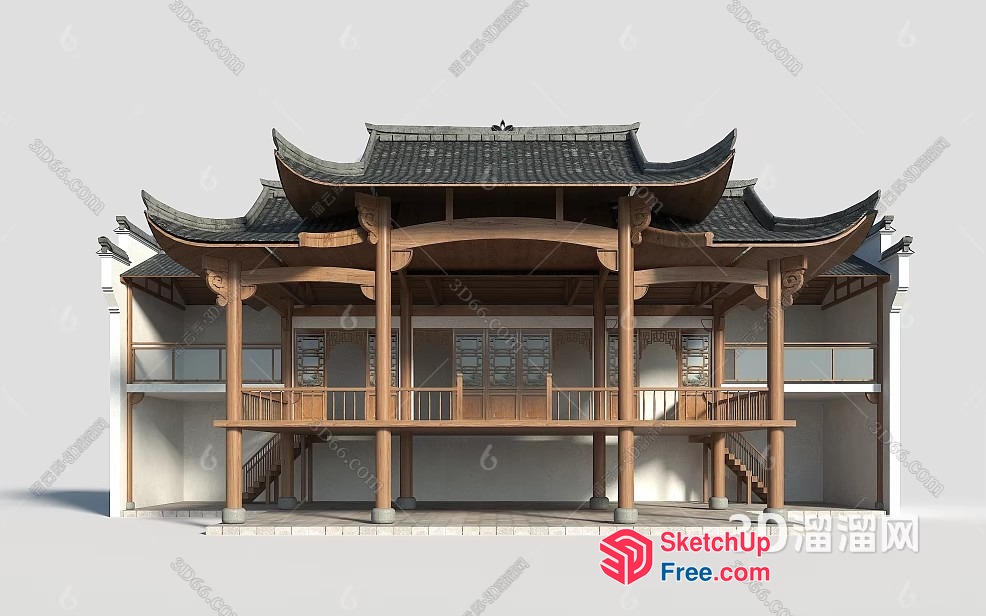 Traditional Japanese Building Exterior With Wooden Pillars And Roof 3D SketchUp File