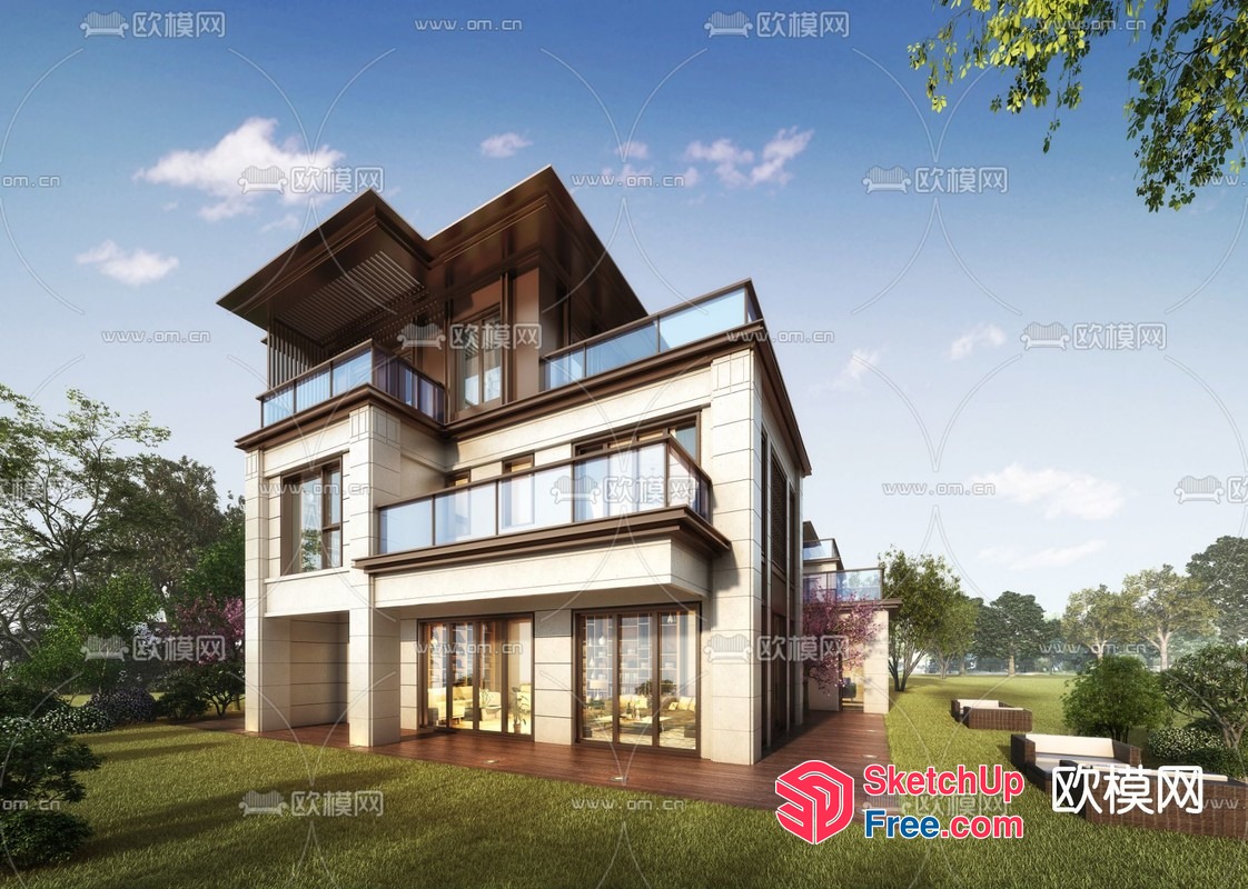 Modern Villa With Glass Curtain Wall And Balcony 3D SketchUp File