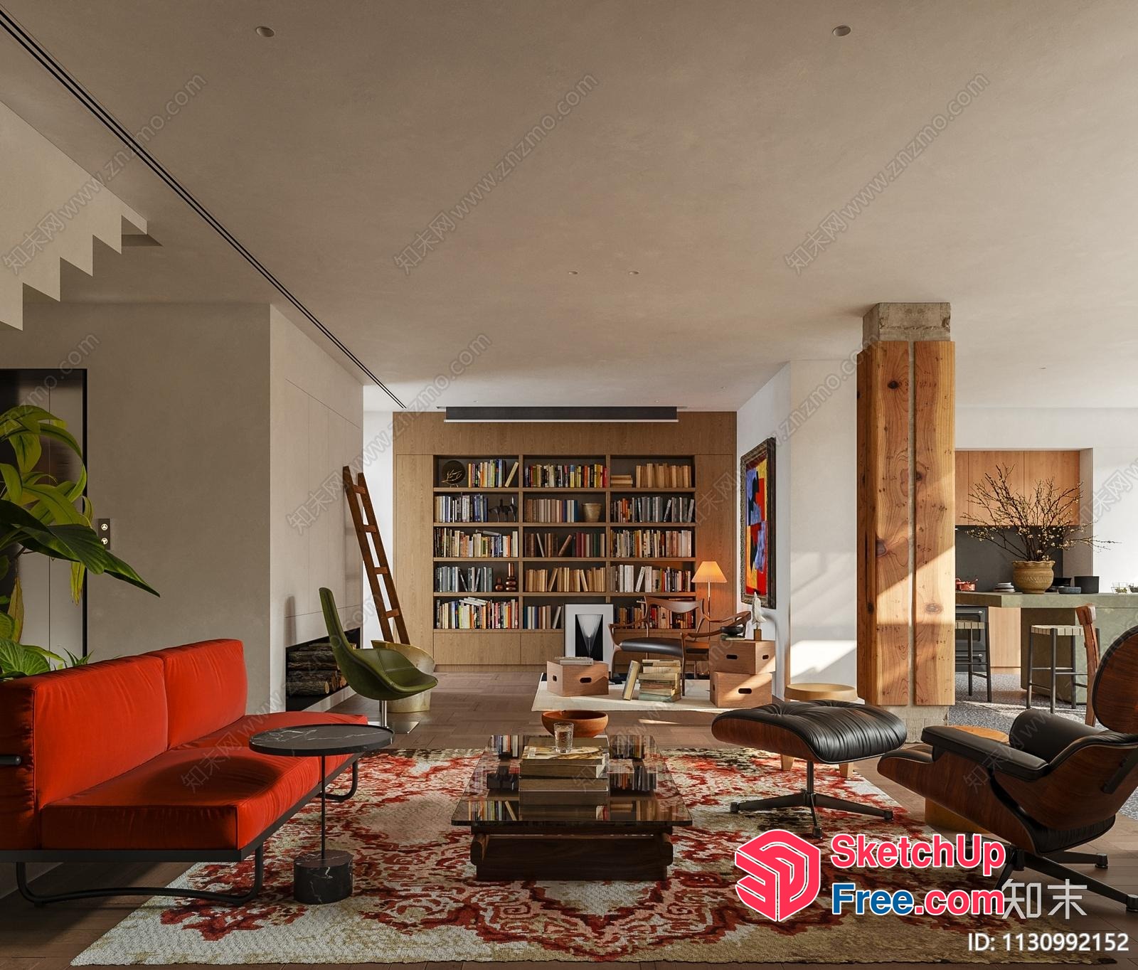 Modern Living Room With Red Couch And Bookcase 3D SketchUp File