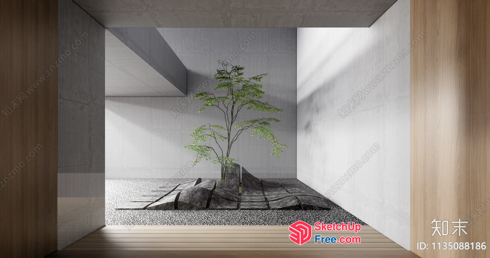 Minimalist Japanese Style Interior With Rockery And Tree 3D SketchUp File