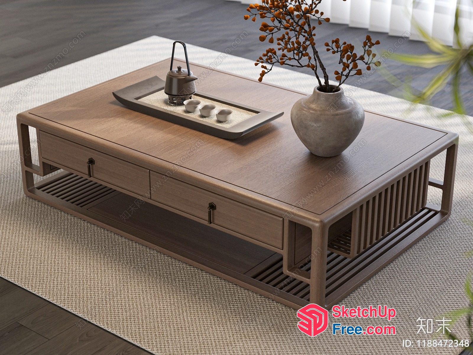 Traditional Japanese-Style Coffee Table With Drawers And Storage 3D SketchUp File