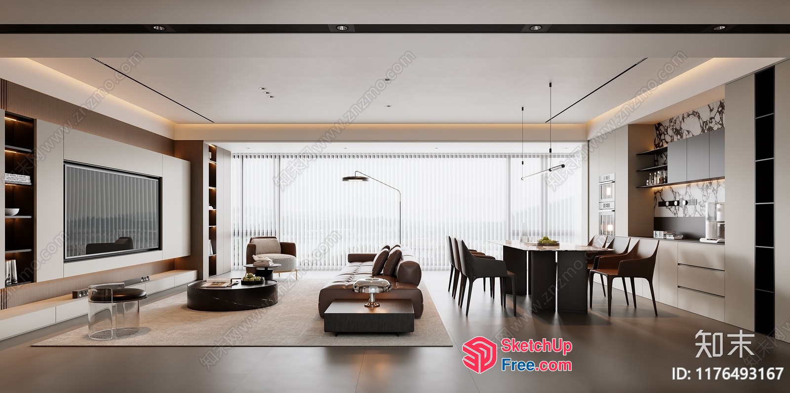 Modern Minimalist Open-Plan Living Space With Large Windows 3D SketchUp File