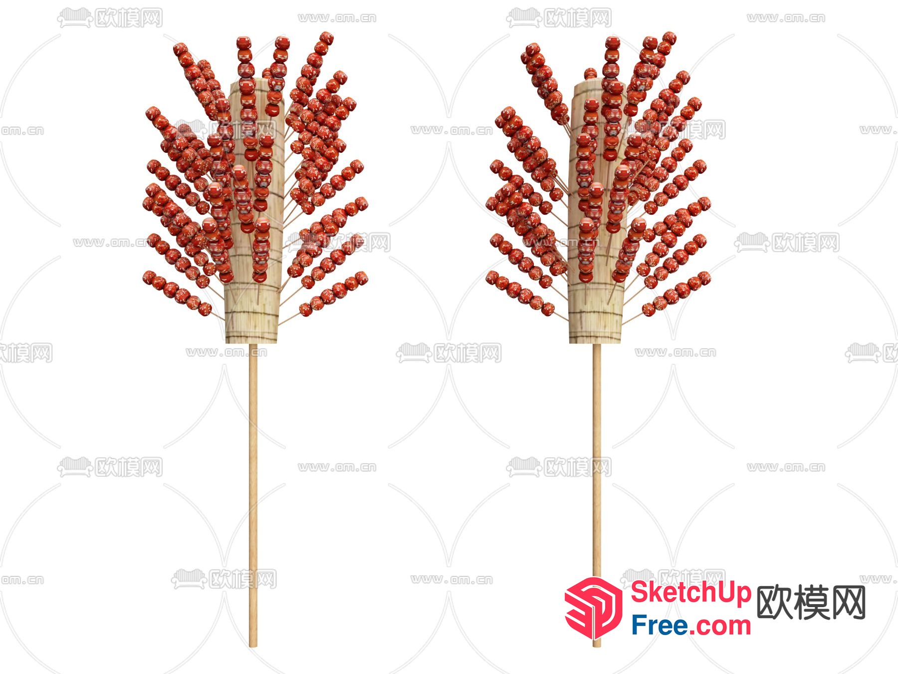 Two Wooden Plant Stakes With Red Balls 3D SketchUp File