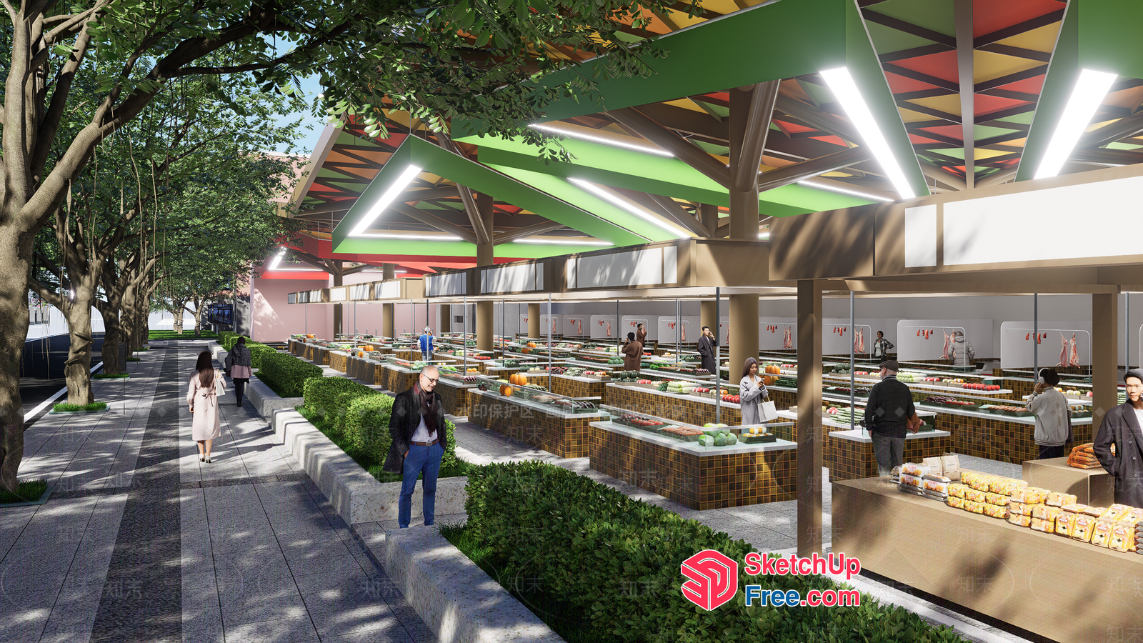 Outdoor Market With Colorful Roof And Vendors 3D SketchUp File