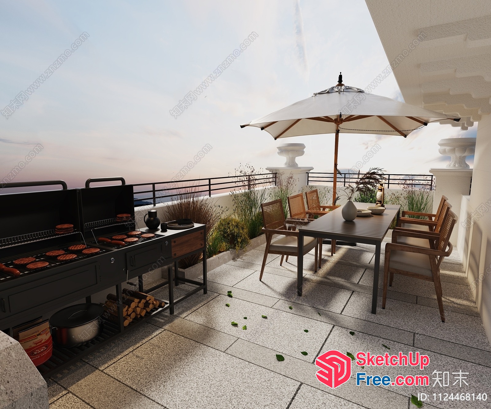 Outdoor Dining Area With Grilled Food And Seaside View 3D SketchUp File