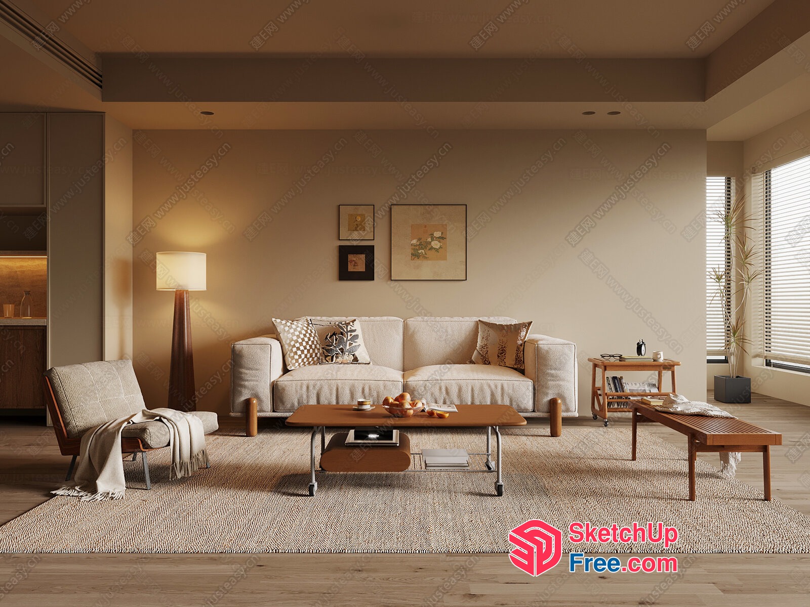 Modern Living Room With Creamy Style Sofa And Wooden Accents 3D SketchUp File