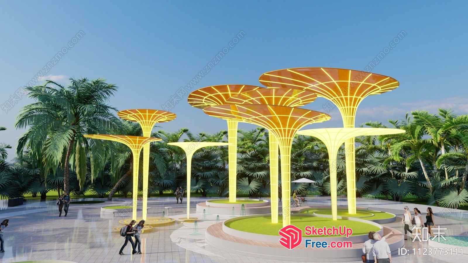 Futuristic Tree-Like Structures Illuminated By Yellow Lights 3D SketchUp File