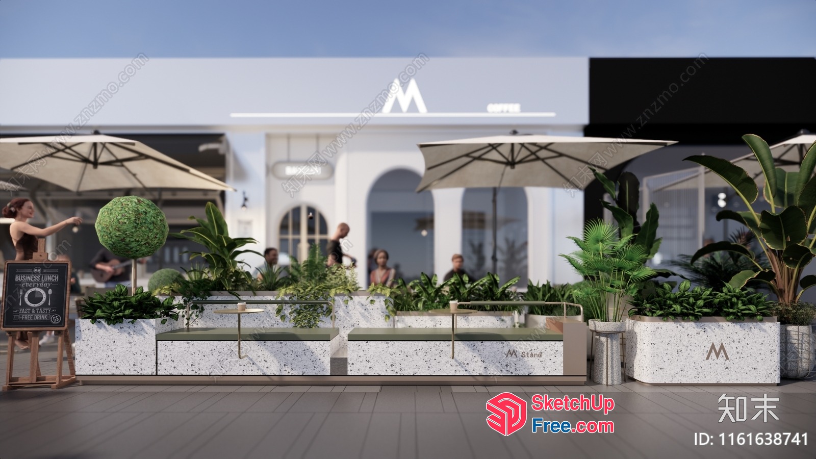 Modern Outdoor Cafe With Greenery And Umbrellas 3D SketchUp File