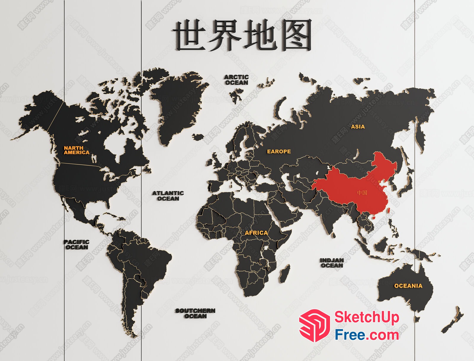 World Map With China Highlighted 3D SketchUp File