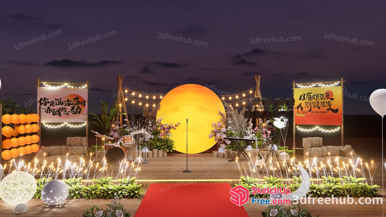Stage Decorated With Japanese Style Elements And A Large Yellow Circle 3D SketchUp File
