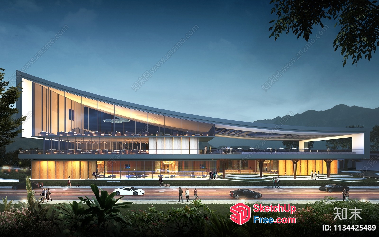 Modern Exterior Building With Glass Curtain Wall And Railing 3D SketchUp File