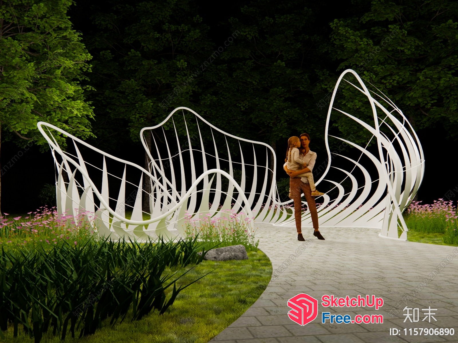 Modern Outdoor Sculpture Garden With White Metal Art 3D SketchUp File